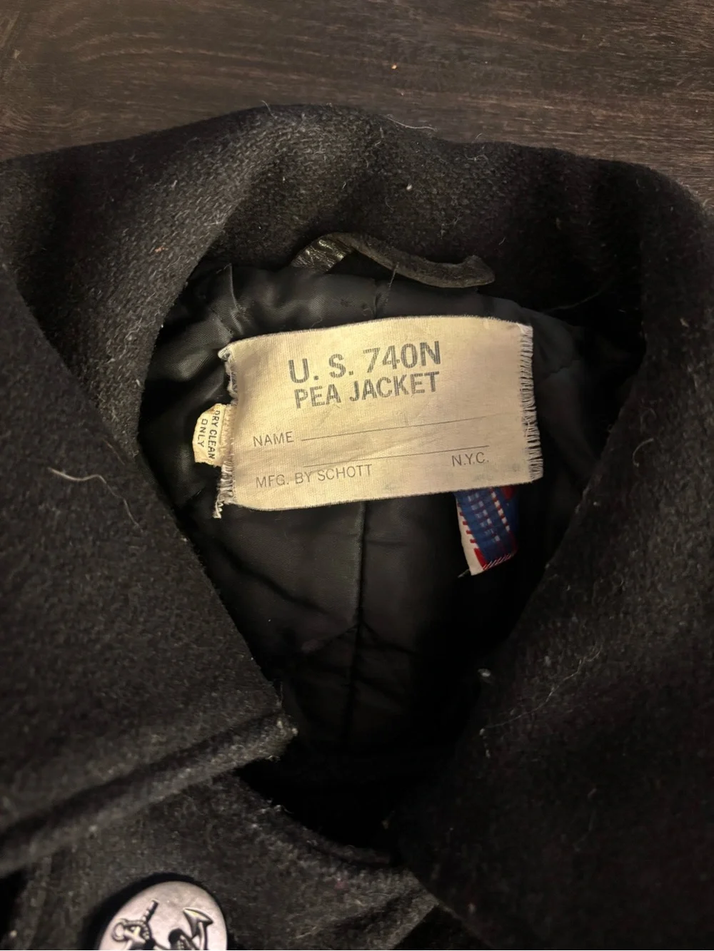 Vintage U. S. Navy 740N Black 100% Wool Pea Coat Jacket By Schott NYC Size 42